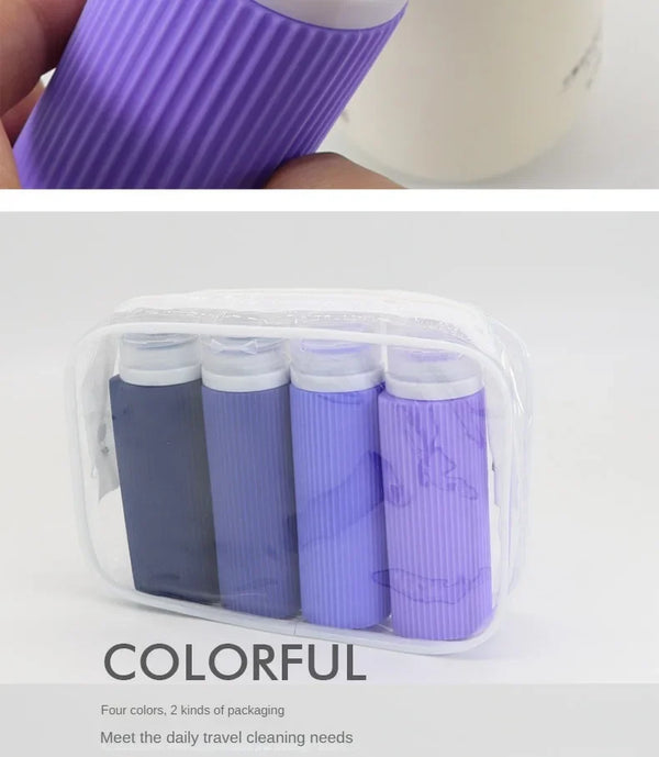 Travellina Auslaufsichere Silikon Reiseflaschen 4er-Set | 89 ml (TSA-konform) | BPA-frei & Nachfüllbar | Mit Zipper-Kulturbeutel