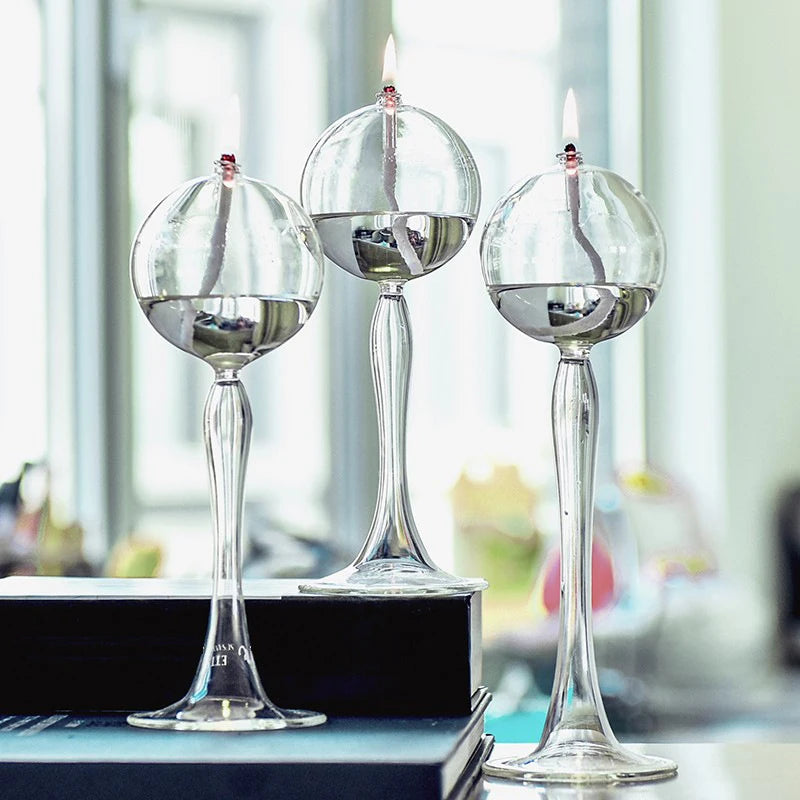 VetroLuce Öllampe | Kugelform mit hohem Fuß | Borosilikatglas Transparent | 21–25,5 cm