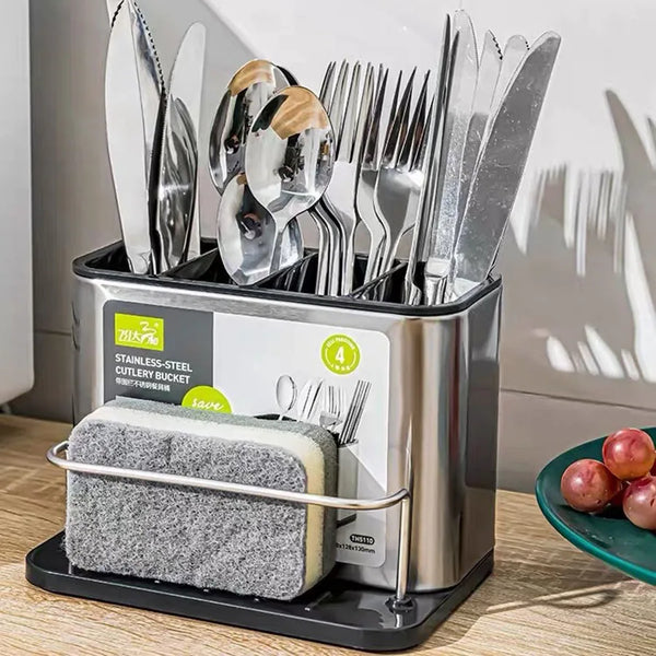 Silvario Besteckhalter aus Edelstahl | Mit Abtropfbehälter & Standfuß | Küchenorganizer für Löffel, Gabeln & Messer | 12 × 10 cm