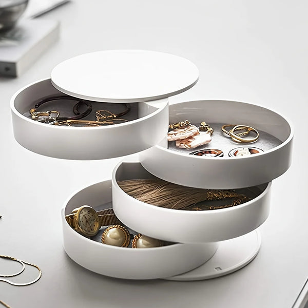 Velvira Schmuckbox drehbar | 5 Etagen mit Deckel | Staubdicht & Kompakt | Für Schmuck, Haarschmuck & Make-up