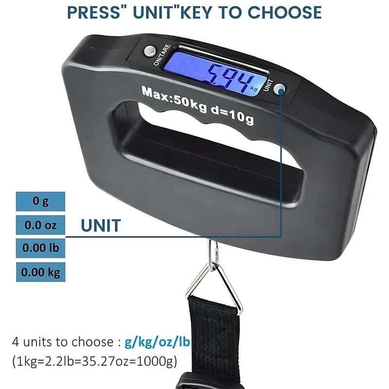 WeighLite Digitale Kofferwaage | LCD-Anzeige mit Hintergrundbeleuchtung | Bis 50 kg | Tragbar & Präzise | Für Reisen & Gepäck
