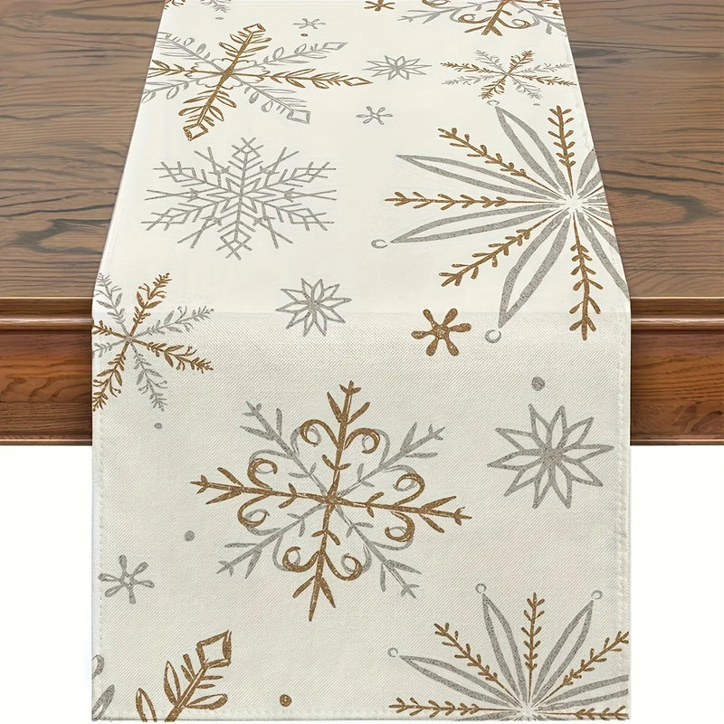 Nordglanz | Winter Tischläufer | Schneeflocken-Dekor | Weiß & Gold | 33 × 183 cm | Leinenoptik