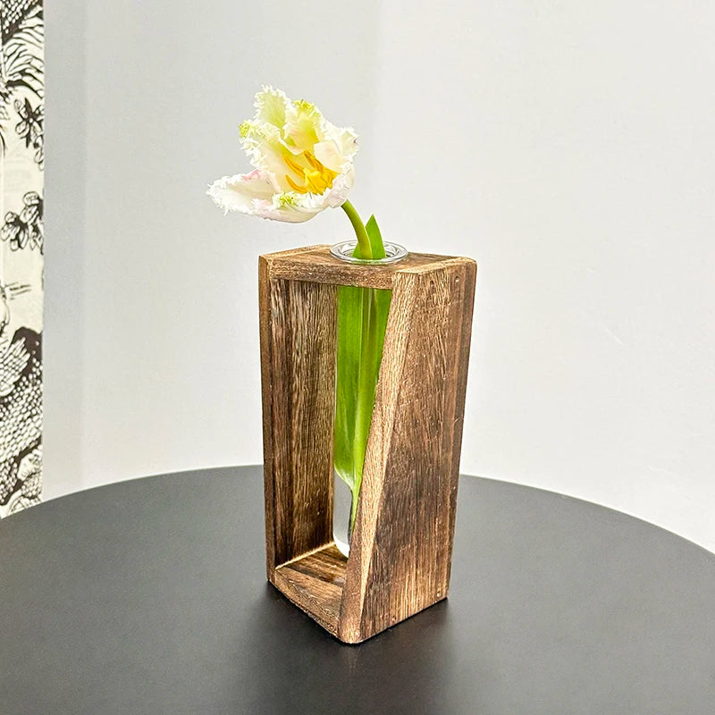 NaturaForma Holzvase mit Glaseinsatz | Kreative Hydroponik Vase | 15 × 8 × 7 cm | Retro Pflanzgefäß im Naturstil für Tisch & Deko