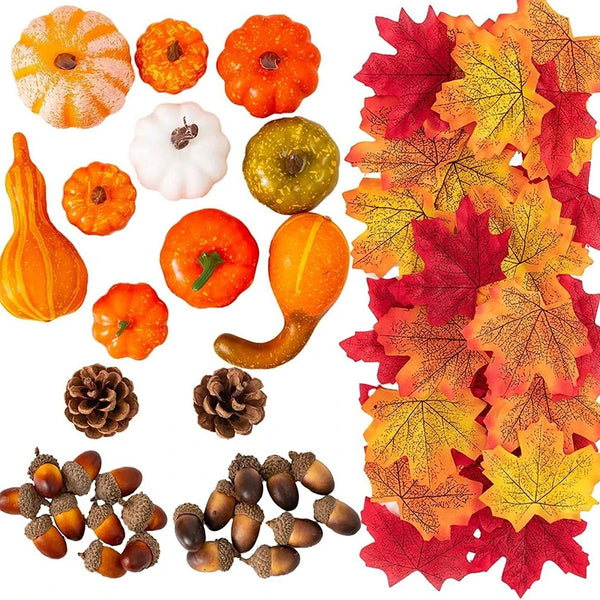 Herbst-Deko Set AutumnGlow | 50-teilig | Mini-Kürbisse, Zapfen, Eicheln & Blätter | Für Halloween & Thanksgiving