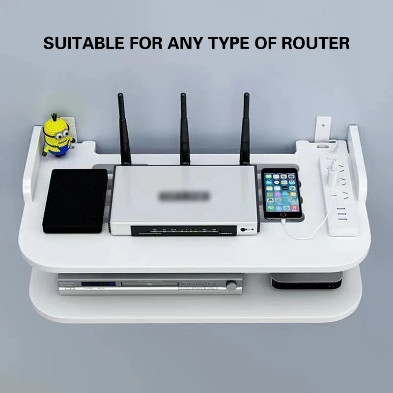 SkyConnect Home | WLAN-Router Wandregal | Versteckter Kabel-Organizer & Steckdosenhalter | Schwebendes Regal für TV-Box & Mehr | Weiß | 40×12×8 cm