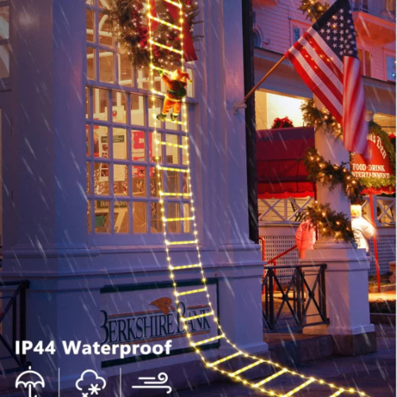 Winterlicht | LED-Weihnachtsdeko | Kletternder Weihnachtsmann mit Leiter | 1,5 m / 3 m | 8 Leuchtmodi | USB