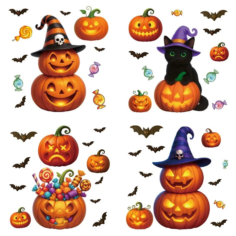 Fensteraufkleber SpookyPumpkins | Halloween Deko Sticker | Kürbis, Katze & Geist | Wiederverwendbar & statisch haftend
