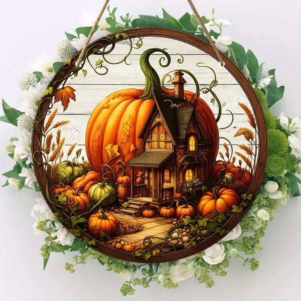 Holzschild AutumnHarvest | Runder Willkommenskranz | Handgefertigte Herbst-Deko | Ø 20 cm