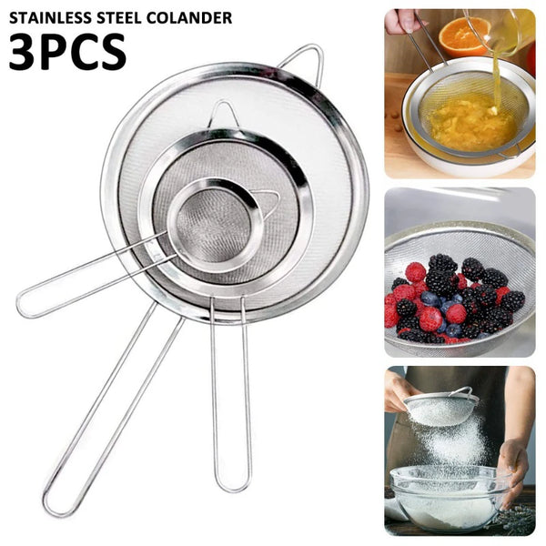 Edelstahl Küchensieb-Set ProSift MeshLine | 3-teilig | Feines Sieb für Mehl, Saft, Sojamilch & Pasta | 8/10/14 cm Durchmesser