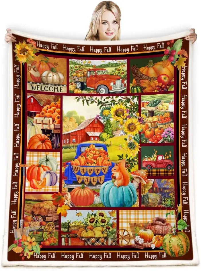 Herbstdecke PumpkinHug | Flanell Kuscheldecke mit Kürbis-Motiv  | Weich & Warm