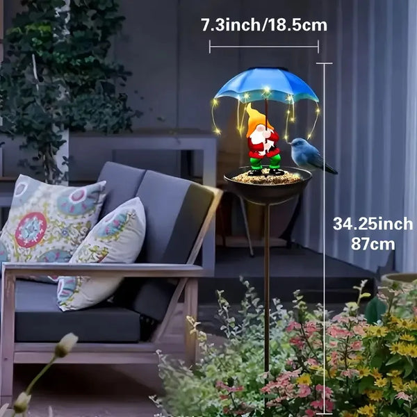 Solar Gartenleuchte ElfBird | Mit Vogeltränke & Elfenfigur | Outdoor Solar Lampe aus Gusseisen | Wetterfest & Dekorativ