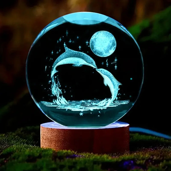 Mariluna Kristallkugel Delfin | 3D-Lasergravur & LED-Sockel | Mond- & Meeresmotiv