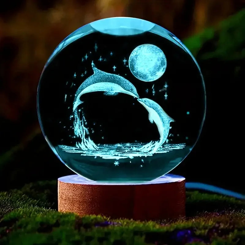 Mariluna Kristallkugel Delfin | 3D-Lasergravur & LED-Sockel | Mond- & Meeresmotiv