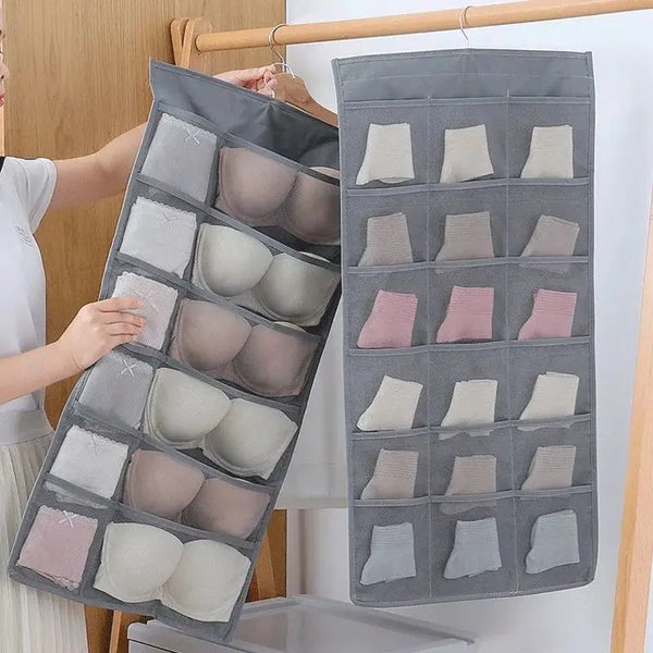 ClosetEase Unterwäsche-Organizer Hängend | Beidseitig & Faltbar | 39×78 cm | Oxford-Stoff Grau