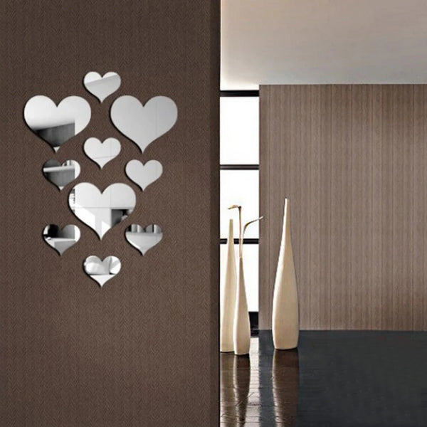 HeartMirro | 3D Wandsticker Herz-Set | Spiegeloptik Gold & Silber | 10-teilig