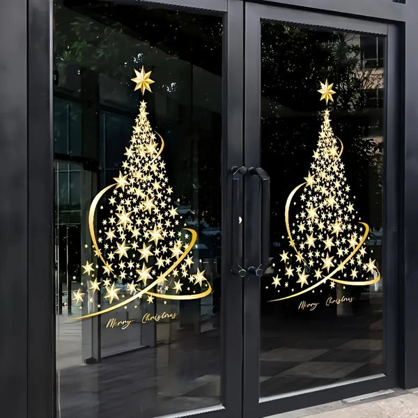 Fensteraufkleber GloriaTree | 2er Set Goldene Weihnachtsbäume | Wiederverwendbare PVC-Deko für Glas & Fenster