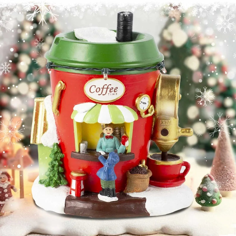 ArcticBrew Weihnachtsdorf Nordpol Kaffeehaus | LED-Beleuchtung & Figuren | Handgefertigtes Dekohaus aus Resin | Batteriebetrieben 13×10×15,5 cm