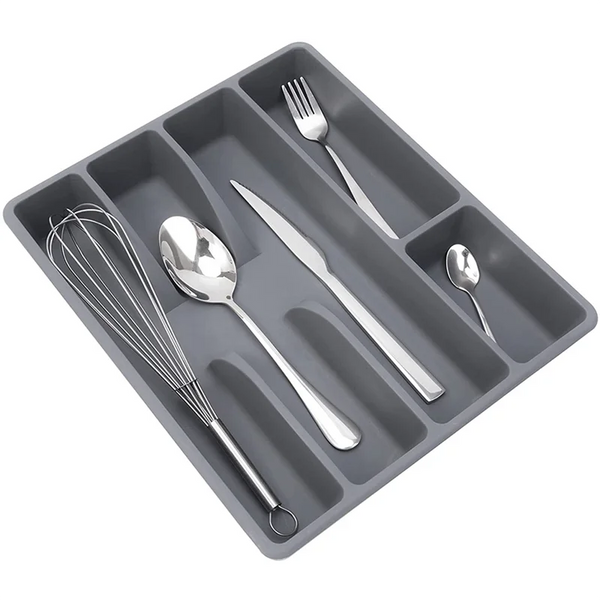Besteckkasten OrdiFlex | Kompakter Organizer mit 5 Fächern | Rutschfest & Vielseitig einsetzbar | 30 × 20 × 4 cm Grau