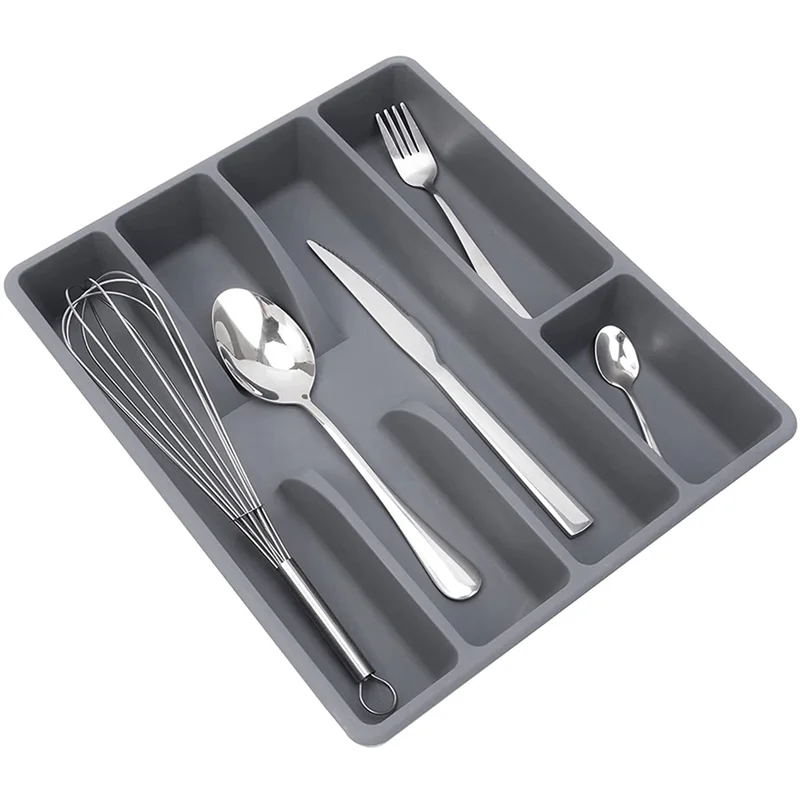 Besteckkasten OrdiFlex | Kompakter Organizer mit 5 Fächern | Rutschfest & Vielseitig einsetzbar | 30 × 20 × 4 cm Grau