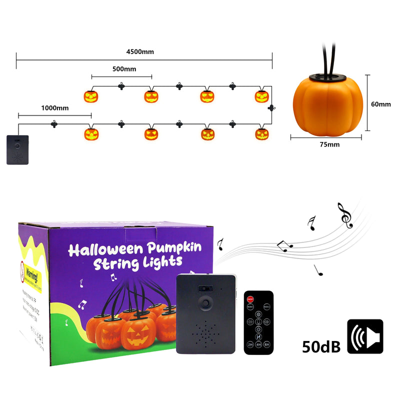 Halloween Lichterkette PumpkinPhantasm | 4,5 m | 8 Leuchtkürbisse mit Sound- & Musikmodus | Fernbedienung & Timer