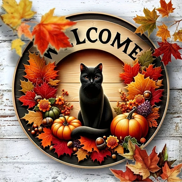 Autumna Herbst Willkommensschild | Rund 20 cm | Schwarze Katze & Kürbis | Tür- & Eingang Deko