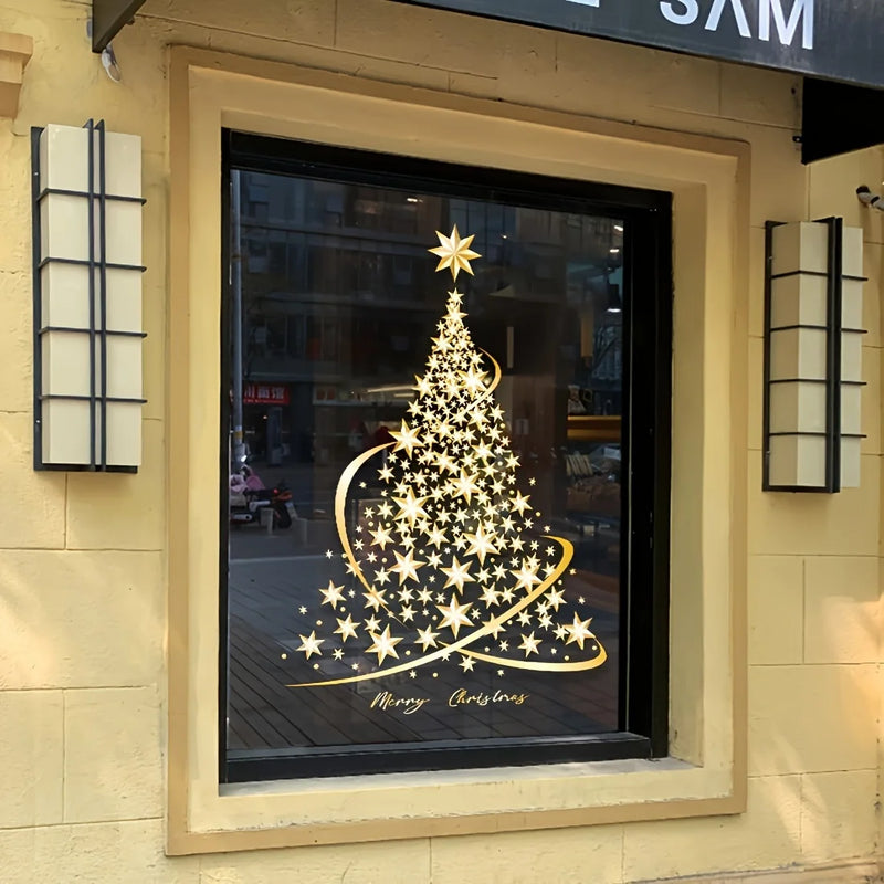 Fensteraufkleber GloriaTree | 2er Set Goldene Weihnachtsbäume | Wiederverwendbare PVC-Deko für Glas & Fenster
