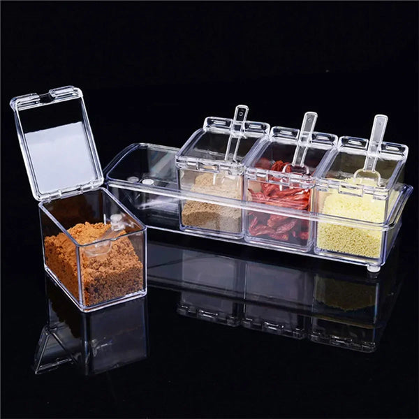 Gewürzbox ClearSpice Quadra | 4 Fächer mit Deckel & Löffeln | Transparent | 23,5 × 9,5 × 8,5 cm | Für Salz, Zucker & Gewürze
