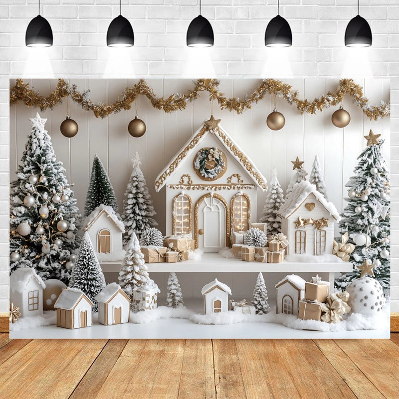 Holvinea | Weihnachts-Fotohintergrund | Miniatur-Weihnachtshaus & Baum | Kinder & Familien Portrait Deko | Vinyl/Polyester/Flock | 300×200 cm