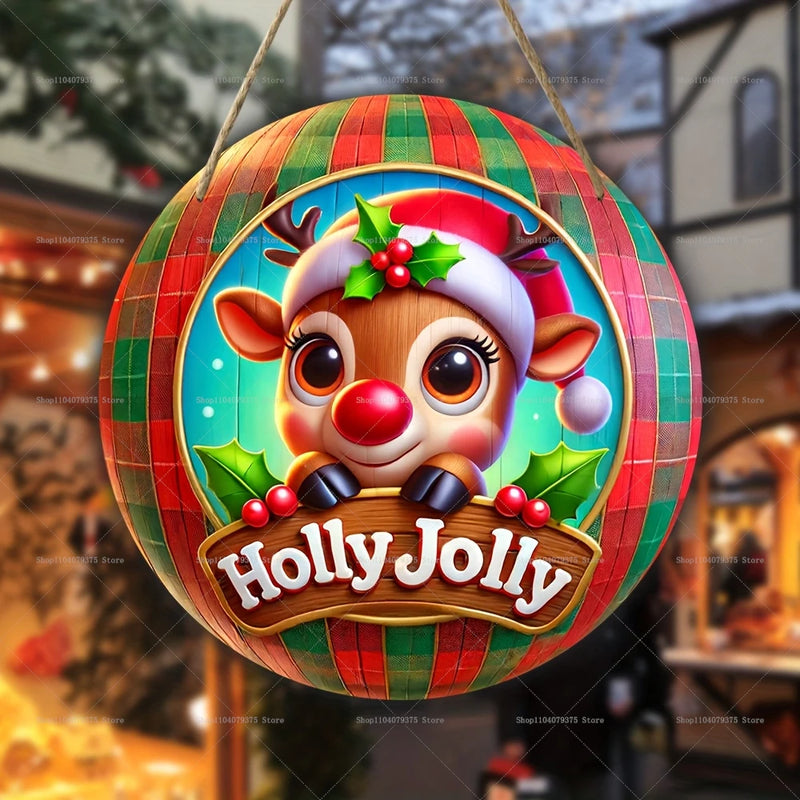 Weihnachtsschild Holz | Runder Hänger mit Schneemann & Weihnachtsmann | Tür- & Wanddeko