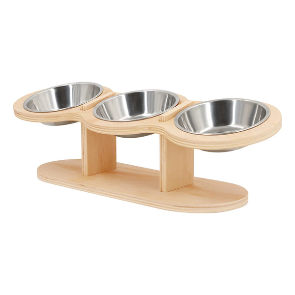 Katzennapf-Set Mizuto TrioLift | 3-in-1 Futterstation mit 15° Neigung | Edelstahl-Näpfe & Holzhalterung | Für Katzen & kleine Hunde