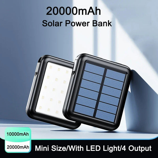 Solar Powerbank ENERIVIA Mini 20000mAh | Integrierte Kabel | Solarladung & LED-Licht | 4 Ausgänge & 3 Eingänge | Schnellladefunktion