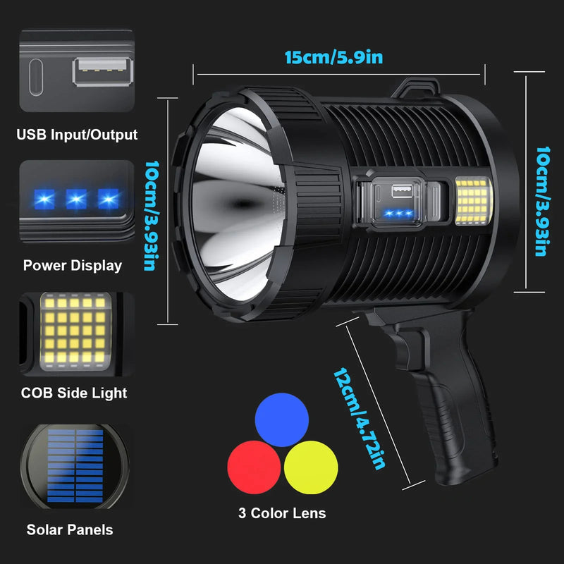 Handscheinwerfer LuminexPro 900K | 900.000 Lumen | 10000 mAh Akku | Solar & USB Ladefunktion | IPX5 Wasserdicht