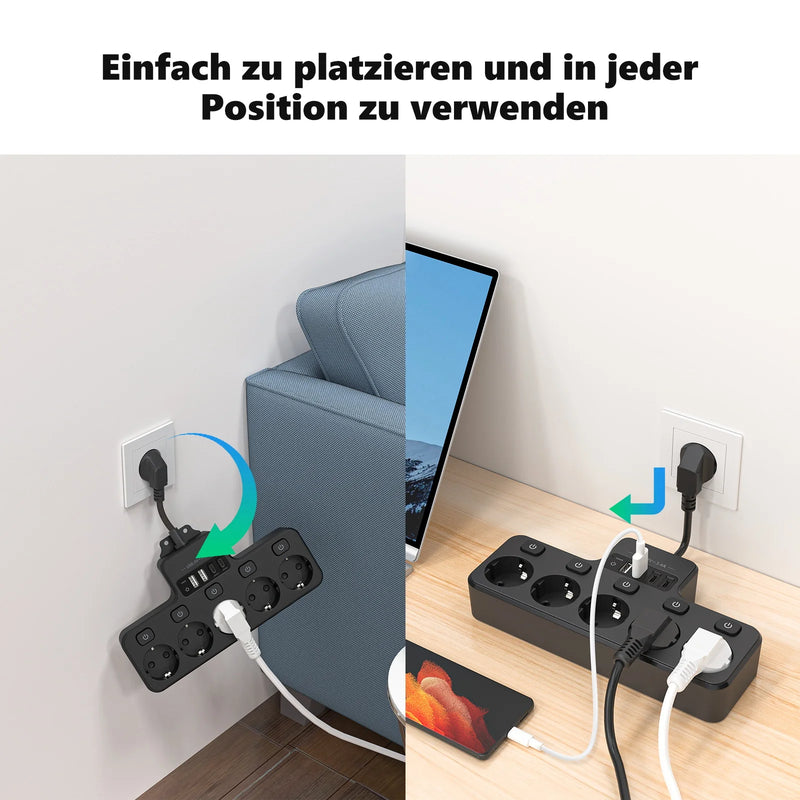 Voltaro Pro 9-in-1 | Steckdosenleiste EU | 5 AC Steckplätze + 4 USB (2× Typ-C) | Einzelschalter | 16A | Kurz-Kabel 10 cm