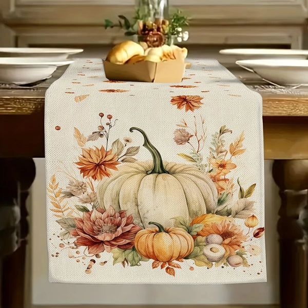 Autumna Herbstlicher Tischläufer | Kürbis- & Blumenmotiv | Waschbar & Langlebig | Leinenoptik | 150–275 × 33 cm