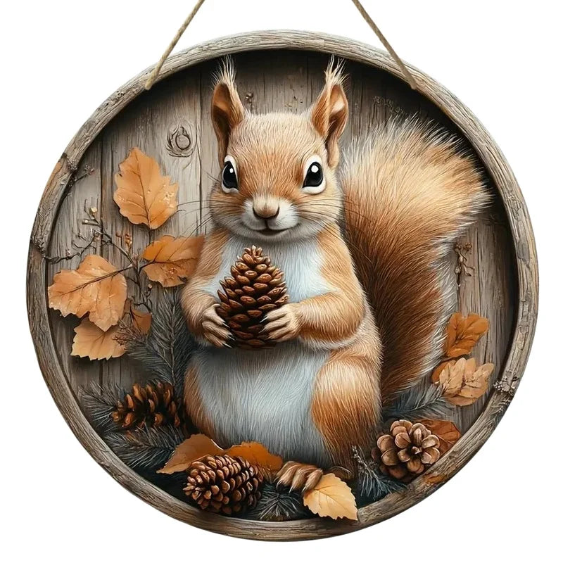 Holzschild AutumnTail | Rundes Willkommensschild mit Eichhörnchen-Motiv | 20–30 cm | Handgefertigte Herbst- & Winterdeko