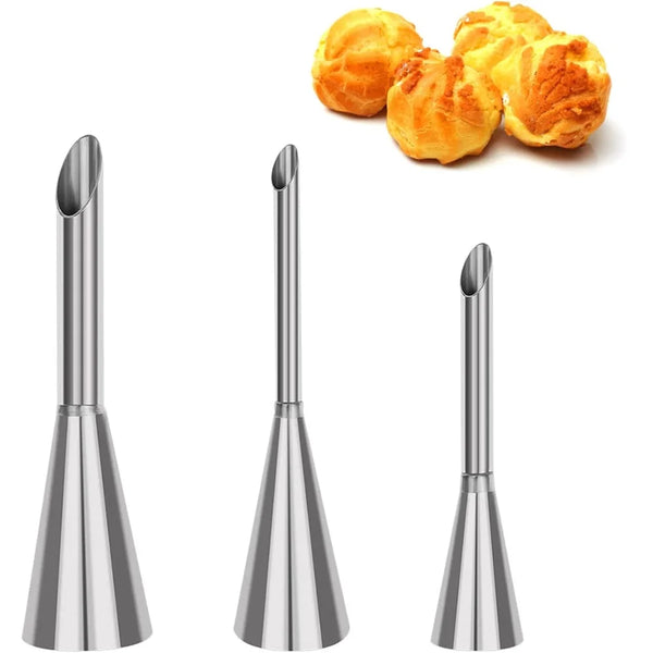 BackMeister Pro Edelstahl Spritztüllen Set 3-teilig | Lange Tülle für Windbeutel & Füllcreme | Backzubehör für Kuchen, Cupcakes & Patisserie