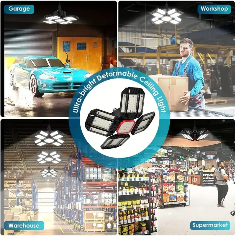 LUMIFLEX LED Garagenlampe | Faltbare Deckenleuchte mit 3–12 verstellbaren Panels | E27-Sockel | 6500K Tageslicht – Für Werkstatt, Lager & Garage