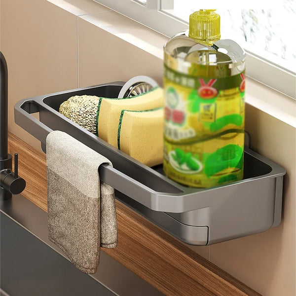 Cleanova Spülbecken Organizer | Abtropf- & Aufbewahrungsregal | Rutschfest & selbstentwässernd | Für Schwämme, Lappen & Seife | 32 × 11 cm