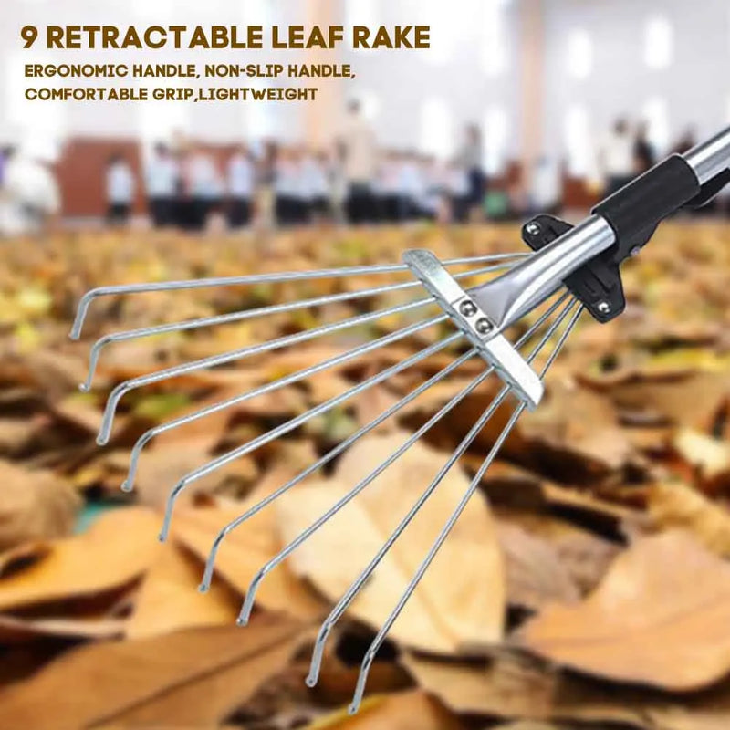 Rechano Gartenrechen aus Edelstahl mit 9 Zinken | Laubbesen für Rasen & Hof | 70 cm lang | Ergonomischer Handrechen für loses Schnittgut & Gartenabfälle