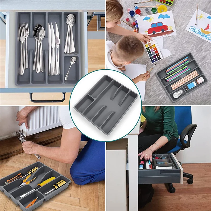 Besteckkasten OrdiFlex | Kompakter Organizer mit 5 Fächern | Rutschfest & Vielseitig einsetzbar | 30 × 20 × 4 cm Grau