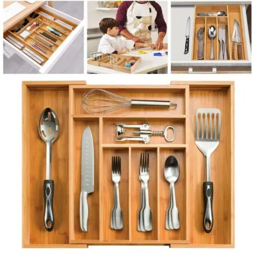 Bambusio Besteckkasten aus Bambus | Ausziehbar 32–52 cm | 6–8 Fächer | Nachhaltiger Schubladeneinsatz für Küche, Bad & Büro