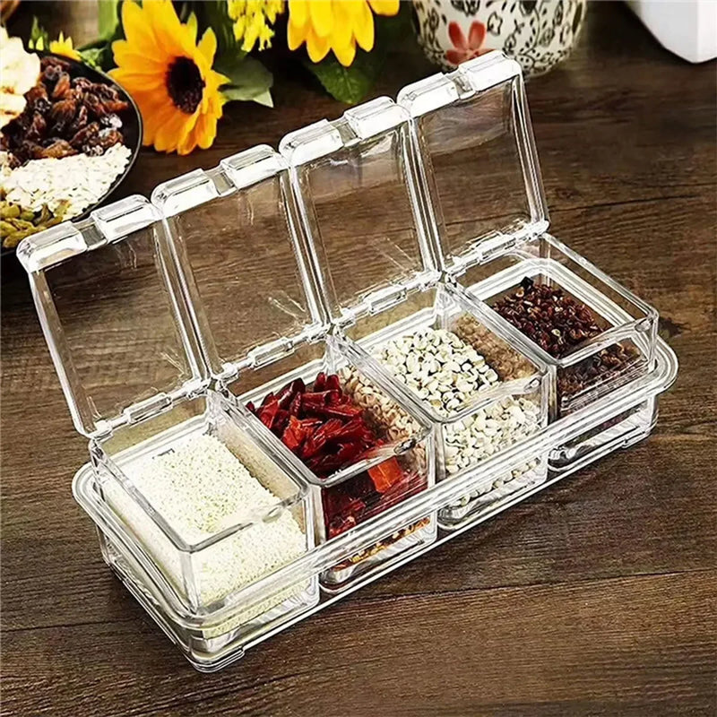 Gewürzbox ClearSpice Quadra | 4 Fächer mit Deckel & Löffeln | Transparent | 23,5 × 9,5 × 8,5 cm | Für Salz, Zucker & Gewürze