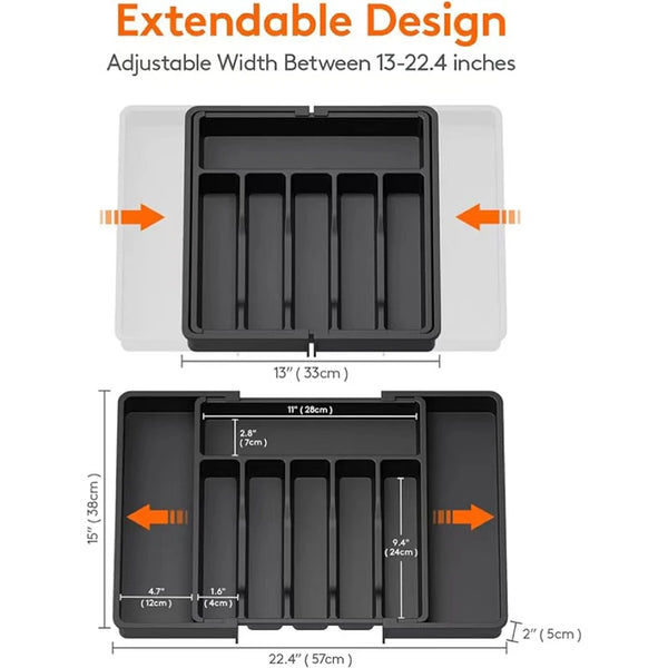 Modulora Besteckschubladeneinsatz | Ausziehbarer Besteck-Organizer | Verstellbares Ordnungssystem aus PP | 38×35 cm