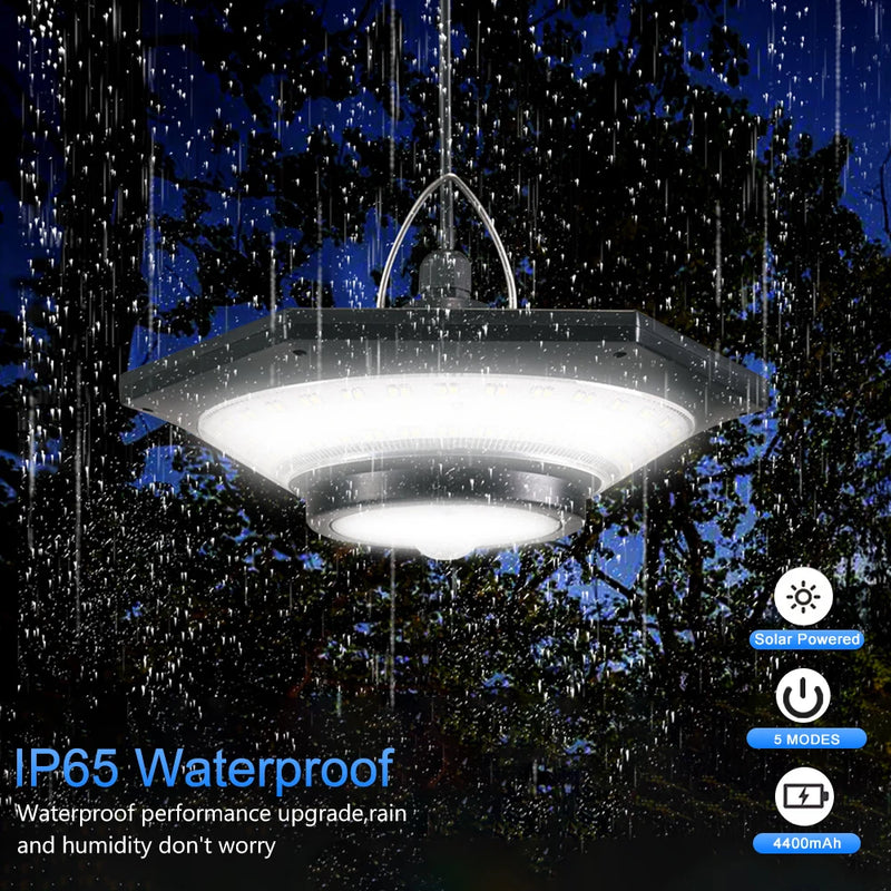 SolarHalo | 228 LED Solar Deckenlampe | 360° Lichtwinkel | Mit Fernbedienung & Bewegungsmelder | 4400mAh Akku