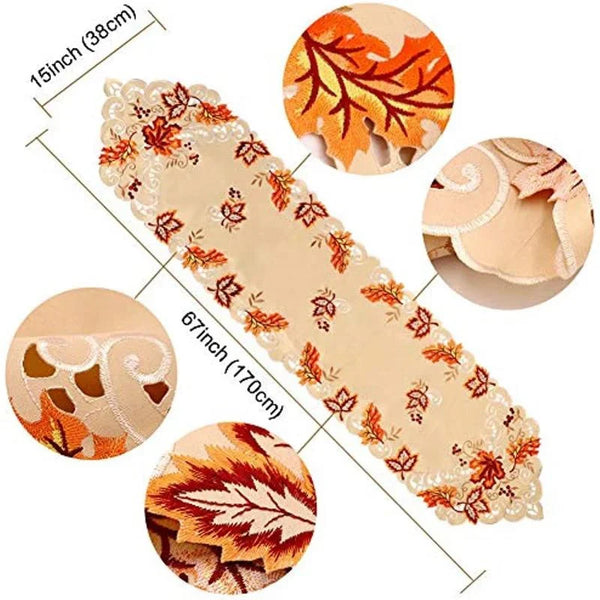 Herbst Tischläufer Aurelia Leaves | 38 x 170 cm | Stickerei & Hohlsaum | Ahornblatt-Design
