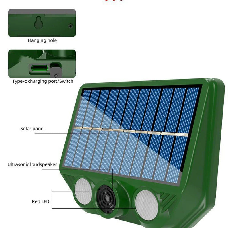 Solar Tiervertreiber ECOFERA DualProtect | Ultraschall & LED | IP66 Wasserdicht | Solarbetrieben mit USB-Ladeoption | 200-300 m² Abdeckung