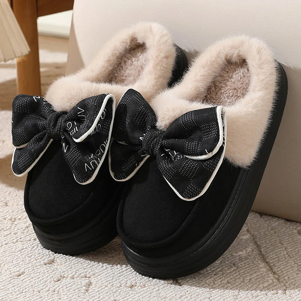 Damen Hausschuhe CozyBow | Warme Baumwoll-Pantoffeln mit Schleife | Rutschfeste Sohle | Weiche Winter Hausschuhe für Zuhause