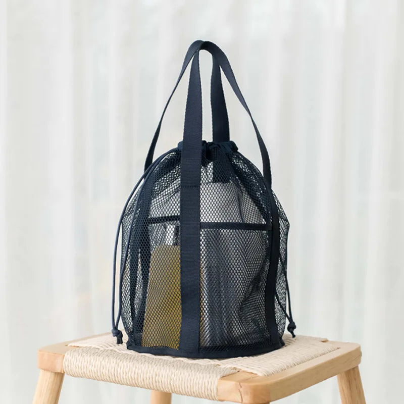 Aeriva MeshBag Kosmetiktasche mit Kordelzug | Großes Volumen & Faltbar | Nylon-Netz | Dunkelblau