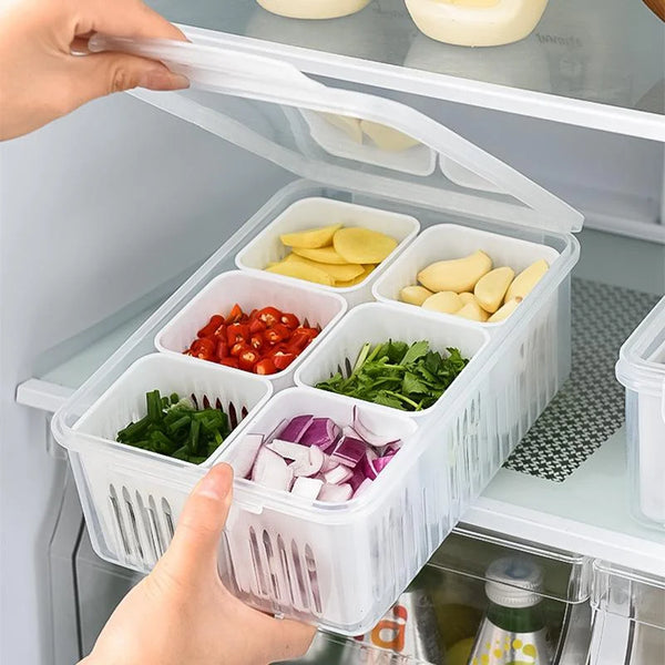 Kitchero FreshBox Frischhaltebox mit Abtropfeinsatz | 4-teiliges Modulsystem | Transparent & Stapelbar | 22,8x16x8,5 cm