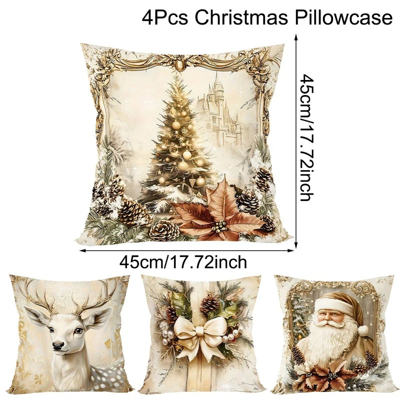 GoldenVintage Kissenbezüge 4er Set | Weihnachtsdesign mit Santa, Rentier & Schleife | Sofadeko & Wohnzimmer | 45×45 cm